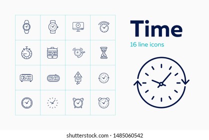 Time line icon set. Set of line icons on white background. Watch concept. Clock, alarm, cuckoo clock. Vector illustration can be used for topics like time, watch shop, home interior