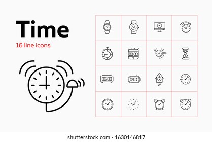 Time line icon set. Set of line icons on white background. Watch concept. Clock, alarm, cuckoo clock. Vector illustration can be used for topics like time, watch shop, home interior