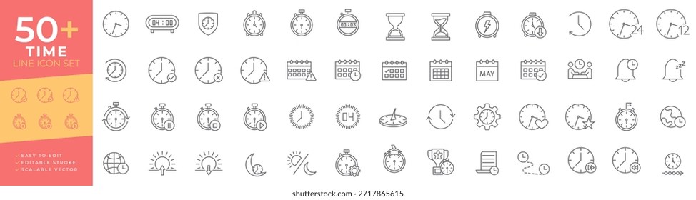 Ícone de linha de tempo definido para conceitos de programação, produtividade, relógio, calendário, cronômetro, prazo, ampulheta e velocidade, perfeito para aplicativos de negócios, ferramentas de planejamento e interfaces de gerenciamento de tarefas.