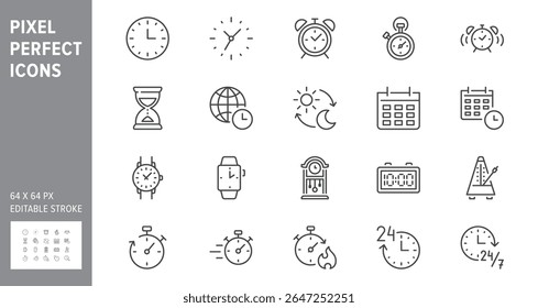 Time line icon set. Vector illustration include icon - calendar, hourglass, wristwatch, schedule, stopwatch, fast, smart watch, deadline outline pictogram for clock. Pixel Perfect, Editable Stroke.