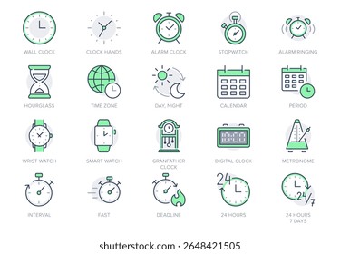 Time line icon set. Vector illustration include icon - calendar, hourglass, wristwatch, schedule, stopwatch, fast, smart watch, deadline outline pictogram for clock. Green Color, Editable Stroke.