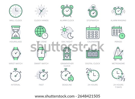 Time line icon set. Vector illustration include icon - calendar, hourglass, wristwatch, schedule, stopwatch, fast, smart watch, deadline outline pictogram for clock. Green Color, Editable Stroke.