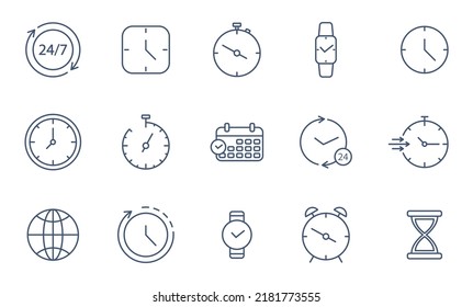 Time line icon set. Watch, stopwatch outline label. Clock stroke symbol. Timer thin pictogram. Speed 24 hour. Calendar date. Business deadline. Hourglass tag. Management. Vector illustration.