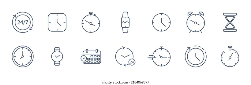 Time line icon set. Watch, stopwatch thin pictogram. Clock stroke symbol. Timer outline label. Speed 24 hour. Calendar date. Business deadline. Hourglass tag. Management. Vector illustration.
