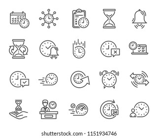 Time line icons. Set of Calendar, Time management and Delivery service linear icons. Checklist, Stopwatch timer and Hand holds hourglass symbols. Test, 24 hours and Presentation. Vector