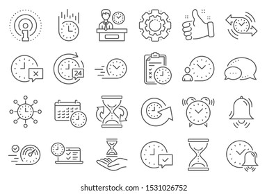 Time line icons. Set of Calendar, Time management timer and Delivery service linear icons. Checklist, Stopwatch timer and hourglass. 24 hours and Presentation, calendar, checklist test. Vector