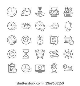 Time line icons. Set of Delivery service, Time management timer and Calendar linear icons. Checklist, Stopwatch timer and hourglass. 24 hours and Presentation, calendar, checklist test. Vector