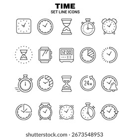 Conjunto de Vetores de Ícones de Linha do Tempo - Relógio, Calendário e Símbolos de Cronograma, Coleção de ícones de linha do tempo em estilo de vetor mínimo limpo. Inclui relógio, cronômetro, ampulheta, alarme, calendário, relógio de pulso