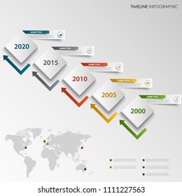 Time line info graphic with abstract design cubes and labels