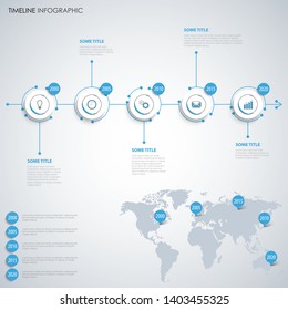 Time line info graphic with abstract round pointers and map