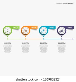 Gráfico informativo de línea de tiempo con punteros y pegatinas de color sobre fondo blanco