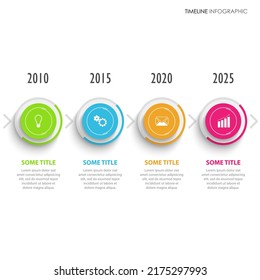 Time line info graphic with colored design circles on white background