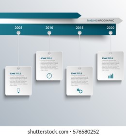 Gráfico de información de línea de tiempo con la plantilla de etiquetas azules en blanco colgante