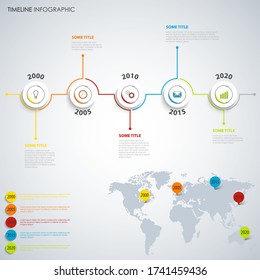 Gráfico informativo de línea de tiempo con punteros redondos y accesorios de color