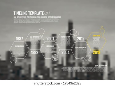 Plantilla de infografía de línea de tiempo con marcador de posición de negocio de empresa fotográfica en segundo plano. Colocar una imagen corporativa bajo la plantilla de línea de tiempo de infografías