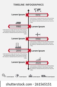 Time line infographics vector template with red and white paper effect showing a range of five options in text boxes spanning a number of different years. Icons for shipping business.