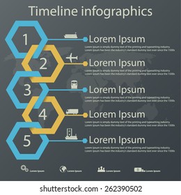 Time line infographics vector template with steel blue and gold colors paper effect showing a range of five options in text boxes. Icons for shipping business.