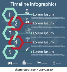 Time line infographics vector template with hexagonal paper effect showing a range of five options in text boxes with medical icons.