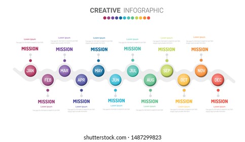 Time line, Timeline business for 12 months, 1 year, Timeline infographics design vector and Presentation business can be used for Business concept with 12 options, steps or processes. 