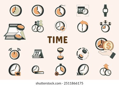 Conjunto de pegatinas de iconos de Ilustración vectorial de color lineal Time Materiales de diseño