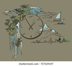 It's time to live. Time flies. Music, oceans, forests, waterfalls and mountain peaks are connected together.
