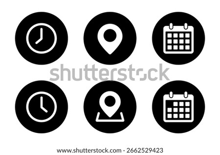Time, location, and calendar icon. Clock, place marker, and date symbol in black circle
