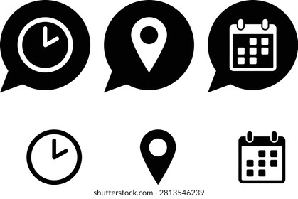 Time location and calendar icon collection with speech bubble and standalone versions, minimalist black and white design concept flat vector illustration