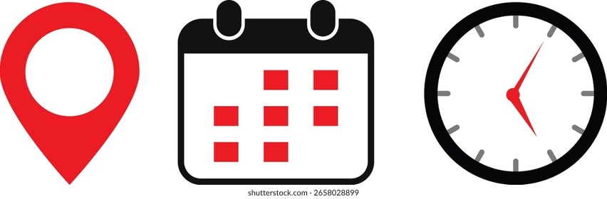 hora local ícone calendário definir. sinal de relógio. local sinais de pin. Símbolo do ícone de calendário.  Cronograma comercial colorido e relógio de ponto comercial
