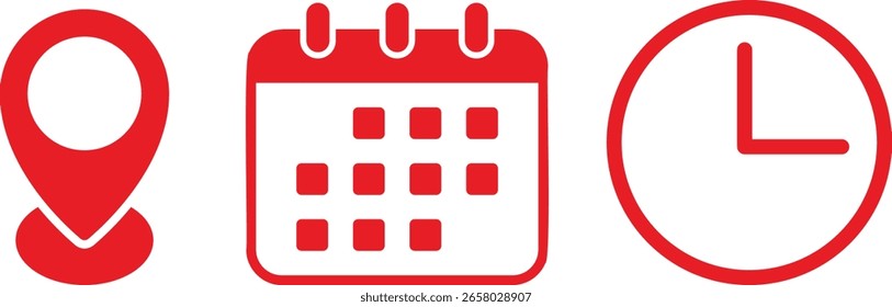 Symbolsatz des Zeitstandskalenders. Taktzeichen. Pin-Ortsschilder. Symbol für Kalender.  Farbiger Geschäftszeitplan und Bürouhr

