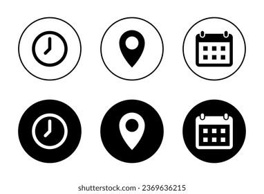 Time, location, and calendar icon vector in black circle. Clock, marker, schedule sign symbol