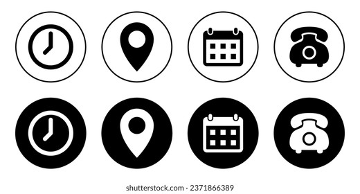 Tiempo, ubicación, fecha y vector de icono de llamada en círculo negro. Símbolo de signo de reloj, dirección, calendario y teléfono