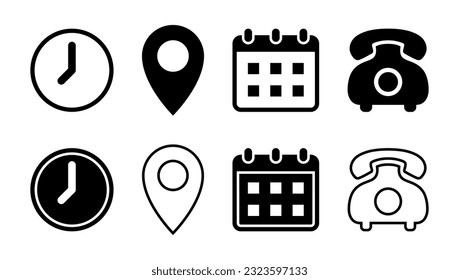 Time, location, date, and contact us icon set collection. Clock, address, calendar, and telephone sign symbol. Vector Illustration