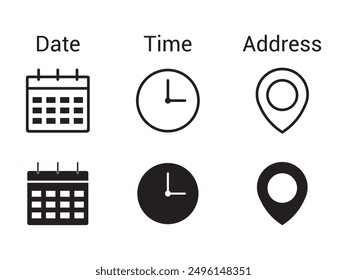 Time, location, date, and contact us icon set,  Contact us glyph icons.
