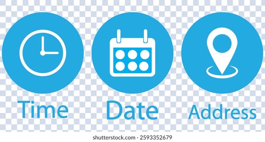 Time, location, date, and contact us icon vector in flat style. Clock, address, calendar, and telephone sign symbol