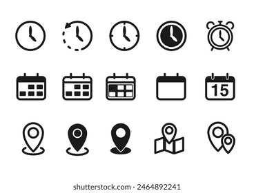 Time, location, date,  icons set vector in flat style. Clock, address, calendar, and telephone sign symbol,alarm,