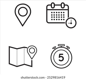 Conjunto de ícones de Hora e Local. Hora, ícones de ilustração de vetor de local