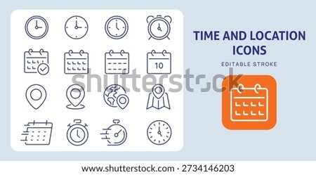Time and Location Icons. Editable Stroke. Set of thin line icons symbol collection.