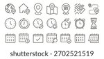 Time and location scheduling icons set. Clocks, maps and calendars. Thin line editable stroke icon illustrations