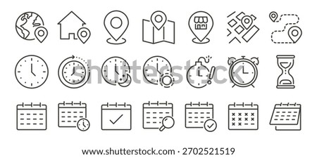 Time and location scheduling icons set. Clocks, maps and calendars. Thin line editable stroke icon illustrations