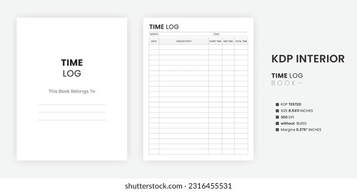 Time log template sheet printable KDP interior book. A belongs to page Us letter size on a white background Time log page with the Kindle Direct Publishing Interior Template.