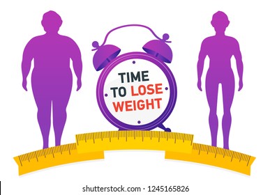 Time to Lose Weight. Weight loss concept. Fat and thin man. 