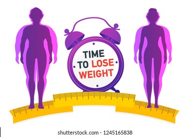 Time To Lose Weight. Weight Loss Concept. Fat And Thin Man And Woman. 