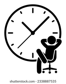 Icono de pérdida de tiempo y postergación. Perder el concepto del tiempo. Gestión del mal tiempo. Símbolo de lluvia de ideas y de inversión. Joven empresario perezoso sentado al lado del reloj. Plano 
ilustración vectorial de diseño.