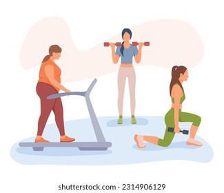 Time to loss weight. Female vector characters doing different types of exercise. Work with dumbbells, walking on treadmill, squats. Boosting confidence with sports and workouts