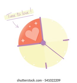 Time to love! Abstract illustration of clock face with fragment with heart symbol - time for love, relationships. Idea - Valentines day concept, feeling and emotions, relationships time planning.