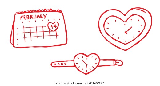 Time for Love. Doodle hand drawn collection. Watch, clock, calendar. Love themed contour elements, red line isolated on a white background. Valentine, wedding, anniversary, decor, web, blog design