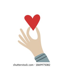 Time to love a hand-drawn vector illustration isolated on a white background. The hand holds a red heart between the thumb and forefinger. Valentine's day is a symbol of a romantic holiday.