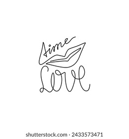 Time Love, inscription, continuous line drawing, hand lettering, print for clothes, t-shirt, emblem or logo design, one single line on a white background. Isolated vector illustration.