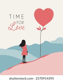 Time of love. Lonely girl on the background of a tree in the form of a heart, symbolizes love, self-acceptance, harmony and the search for love. Illustration for Valentine's Day, personal growth