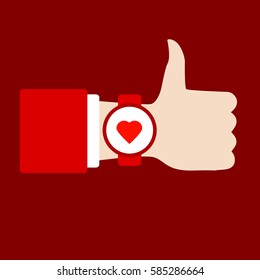 Time to love sing. Thumb Up. Hand with clock. Flat vector icon.